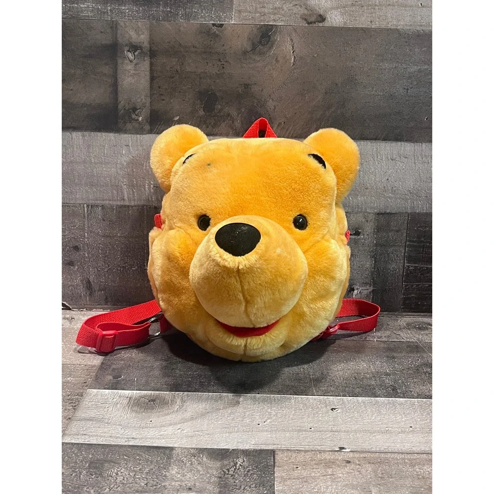 Disney Store Winnie the Pooh Plush Character Head Backpack Yellow Red Straps
